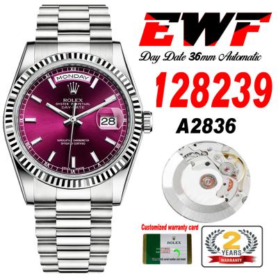 EWF DayDate 36 128349 A2836 Automatic Mens Watch Fluted Bezel Cherry Red Stick Dial President Bracelet Best Edition