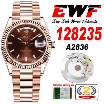 EWF DayDate 36 128349 A2836 Automatic Mens Watch RG Fluted Bezel Brown Stick Dial President Bracelet Best Edition