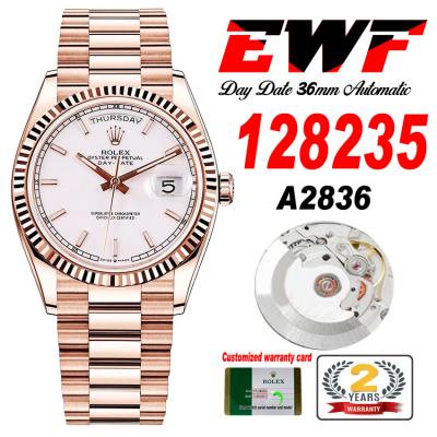 EWF DayDate 36 128349 A2836 Automatic Mens Watch RG Fluted Bezel Silver Stick Dial President Bracelet Best Edition