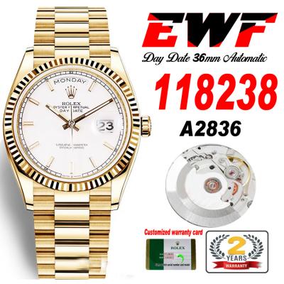 EWF DayDate 36 128238 A2836 Automatic Mens Watch YG Fluted Bezel Silver Stick Dial President Bracelet Best Edition