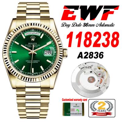 EWF DayDate 36 128238 A2836 Automatic Mens Watch YG Fluted Bezel Green Stick Dial President Bracelet Best Edition