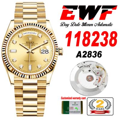 EWF DayDate 36 128238 A2836 Automatic Mens Watch YG Fluted Bezel Gold Diamond Dial President Bracelet Best Edition