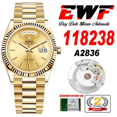 EWF DayDate 36 128238 A2836 Automatic Mens Watch YG Fluted Bezel Gold Stick Dial President Bracelet Best Edition