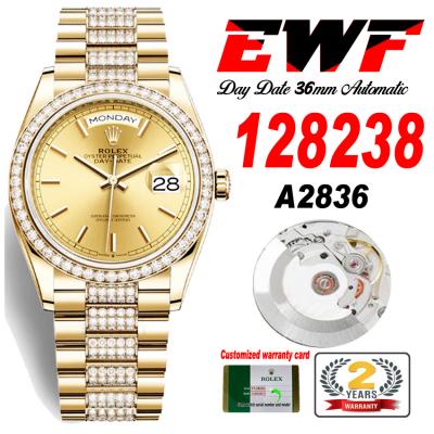 EWF DayDate 36 128349 A2836 Automatic Mens Watch YG Gold Stick Dial Diamond Bezel And President Bracelet Best Edition