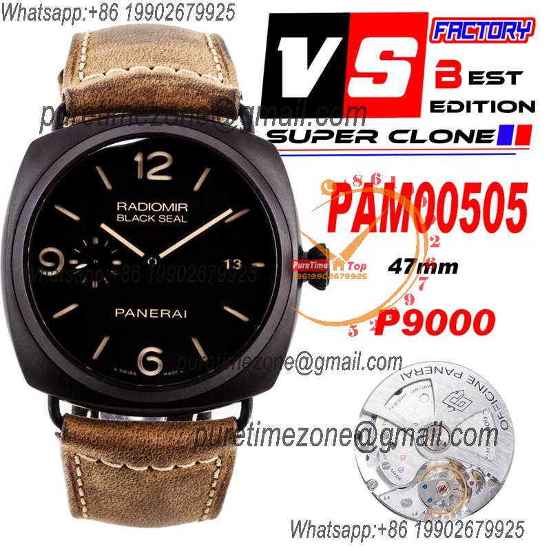 PAM00505 Radiomir Black Seal 3 Days P9000 Automatic Mens Watch VSF V2 1:1 Best Edition Brown Asso Strap