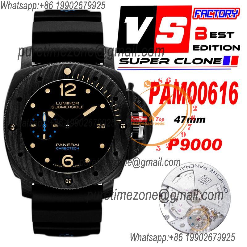 PAM00616 Luminor Submersible 1950 Carbotech  P9000 Automatic Mens Watch VSF V3 Best Edition Blue Logo Black Rubber Strap