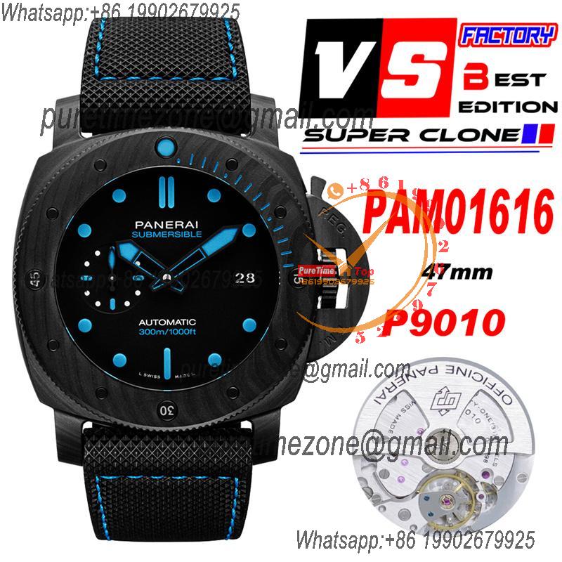 PAM01616 Submersible Carbotech P9010 Automatic Mens Watch 47 VSF Best Edition Black Dial Blue Markers Rubber Strap