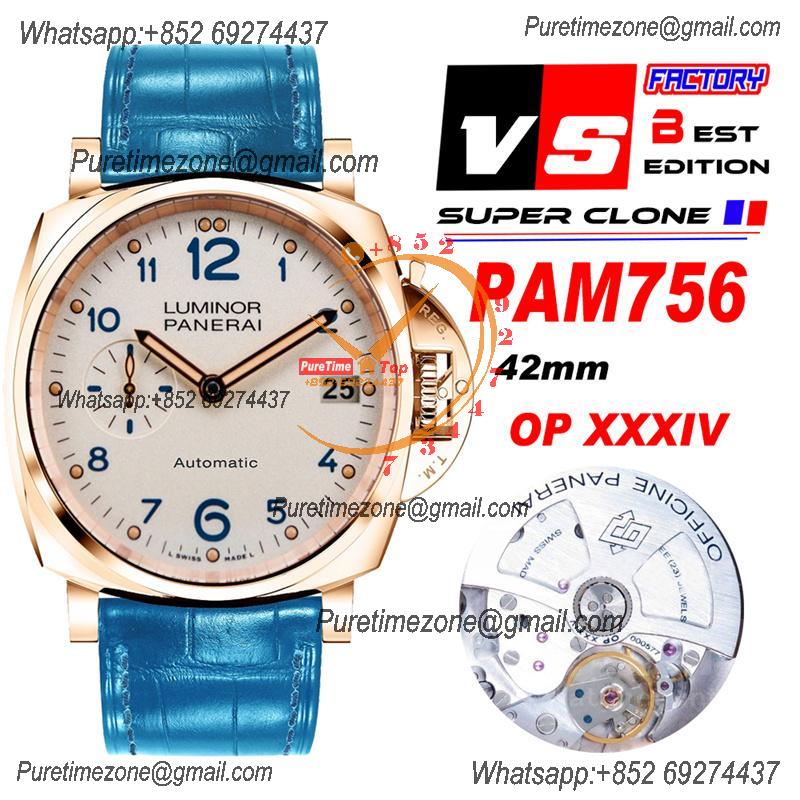 PAM00756 Luminor Due OP AXXXIV Automatic Mens Watch VSF 42mm Best Edition White Dial on Blue Leather Strap