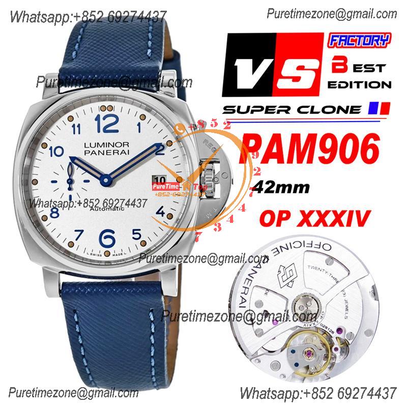 PAM00906 Luminor Due OP AXXXIV Automatic Mens Watch VSF 42mm Best Edition White Dial on Blue Leather Strap