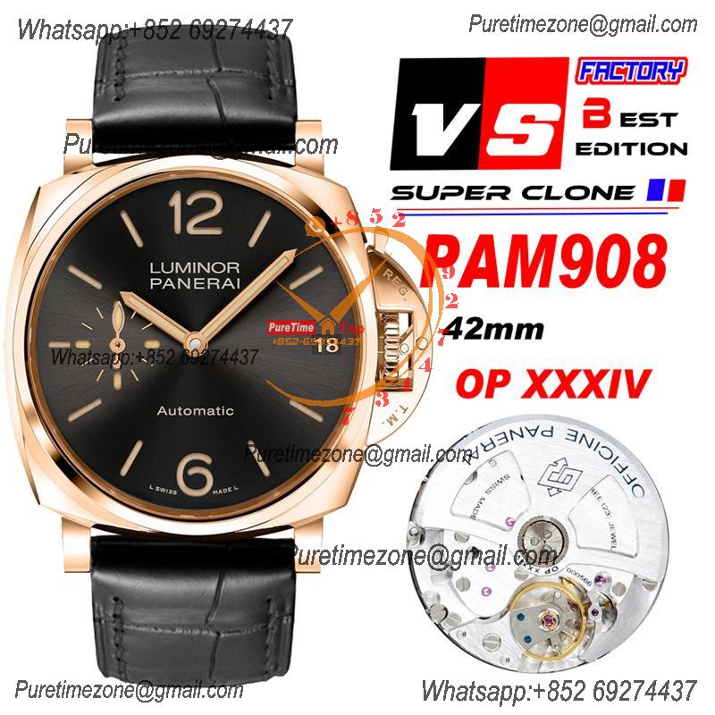 PAM00908 "福" Luminor Due OP AXXXIV Automatic Mens Watch VSF 42mm Best Edition Black Dial on Black Leather Strap