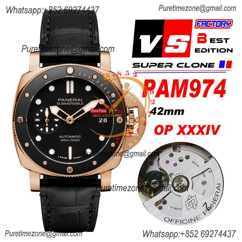 PAM00974 Luminor Submersible OP AXXXIV Automatic Mens Watch VSF 42mm Rose Gold 1:1 Best Edition on Black Rubber Strap