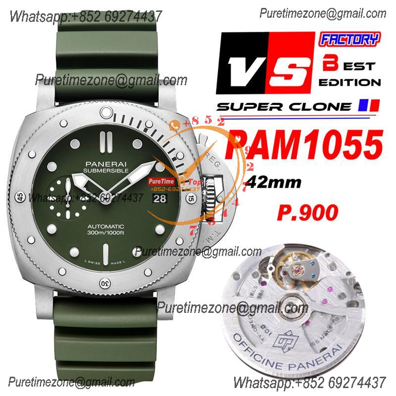 PAM01055 Luminor Submersible Verde Militare P900 Automatic Mens Watch VSF 42mm 1:1 Best Edition on Green Rubber Strap