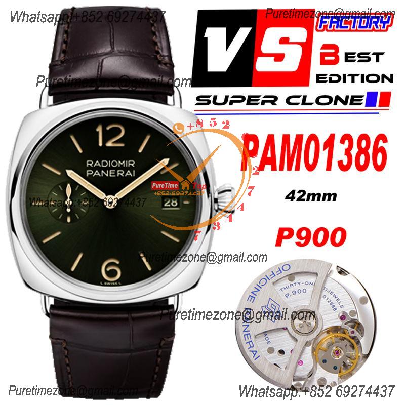 PAM01386 Radiomir Quaranta P900 Automatic Mens Watch 40mm VSF 1:1 Best Edition Green Dial on Brown Leather Strap