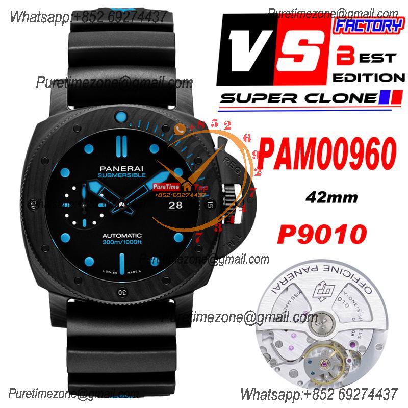 PAM00960 Submersible Carbotech P9010 Automatic Mens Watch 42mm VSF Best Edition Black Dial Blue Markers Rubber Strap