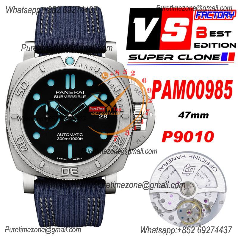 PAM00985  Submersible Mike Horn Edition Titanium P9010 Automatic Mens Watch VSF Best Edition Black Dial Blue Nylon Strap