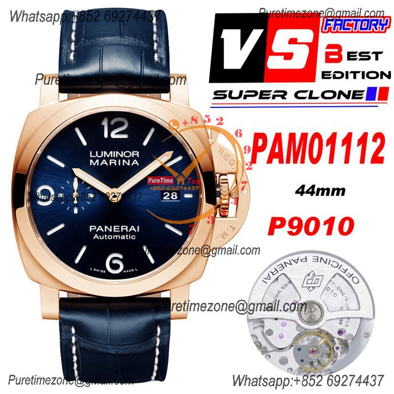 PAM01112 Luminor Marina Goldtech GMT P9010 Automatic Mens Watch RG VSF Best Edition Blue Dial on Blue Leather Strap