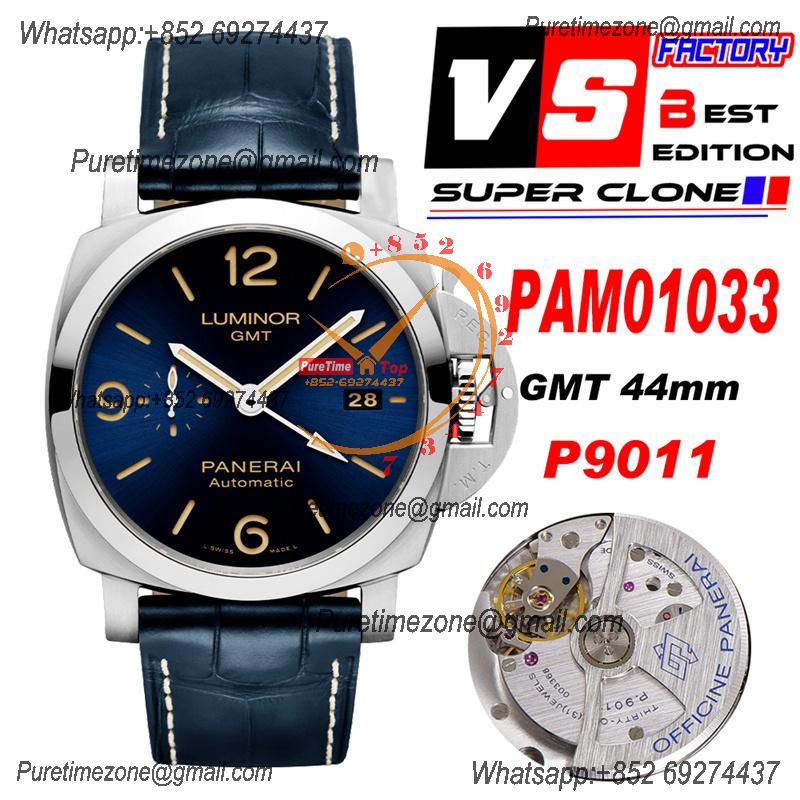 PAM01033 Luminor 1950 GMT P9011 Automatic Mens Watch 44mm VSF 1:1 Best Edition Blue Dial on Blue Leather Strap