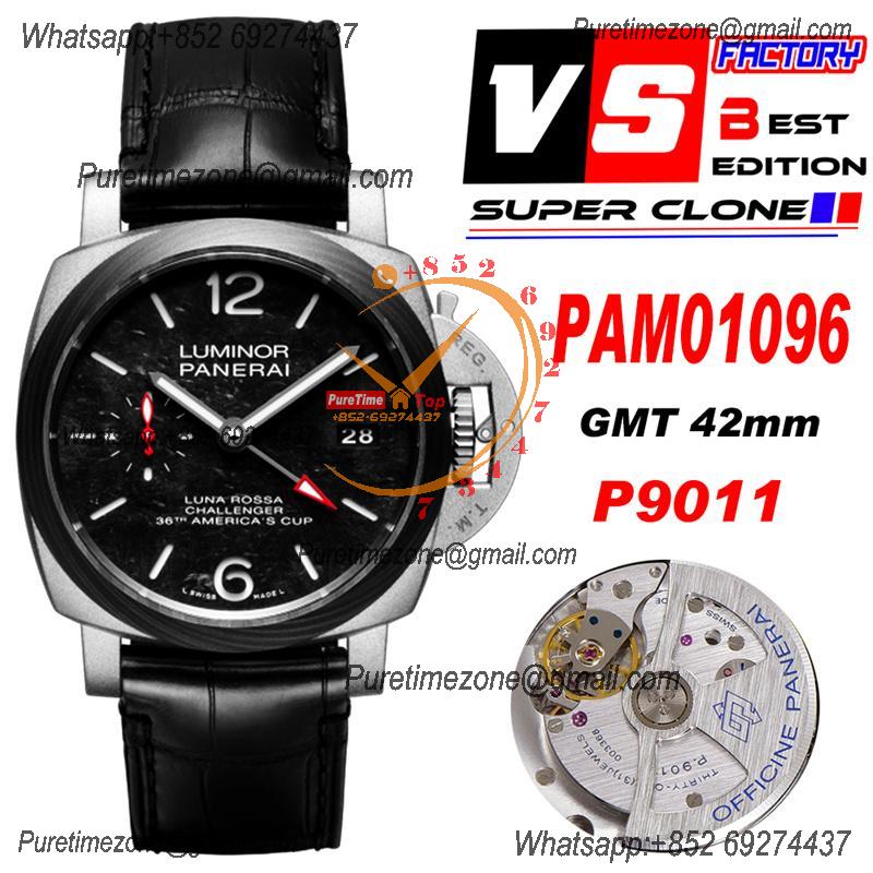 PAM01096 Luminor Luna Rossa GMT P9011 Automatic Mens Watch 42 Titanium VSF Best Edition Black Dial Leather Strap