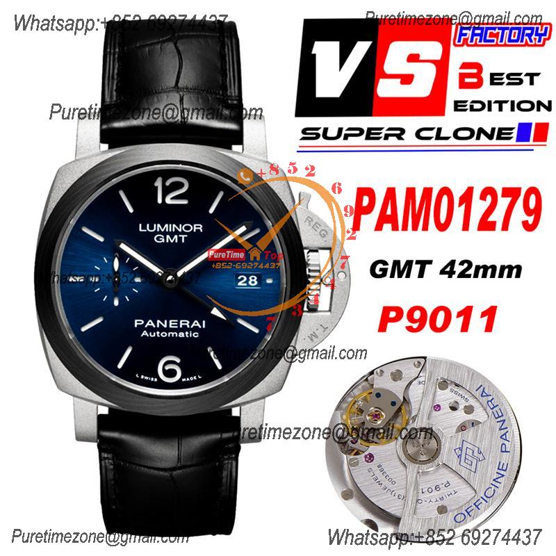 PAM01279 Luminor GMT P9011 Automatic Mens Watch 42mm Titanium VSF 1:1 Best Edition Blue Dial Black Leather Strap