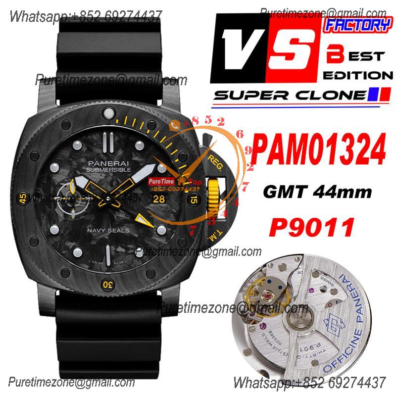 PAM01324 Submersible GMT Carbotech Navy Seals P9011 Automatic Mens Watch 44mm VSF Best Edition Carbon Dial Rubber Strap