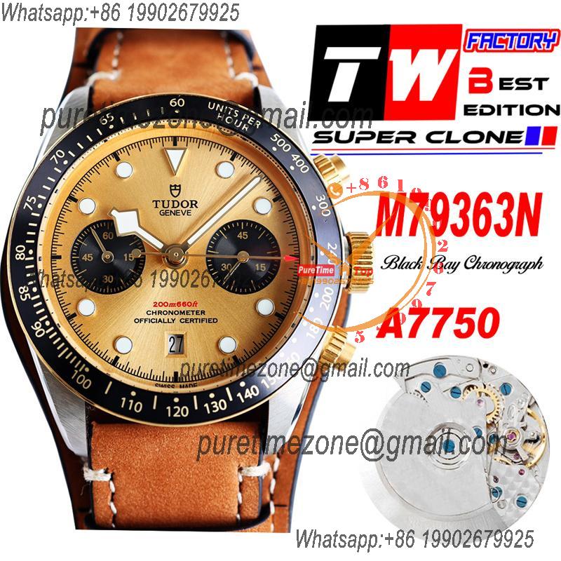 M79363N BLACK BAY CHRONO Automatic Chronograph Mens Watch TWF Two Tone Gold Dial Brown Leather Strap Super Clone