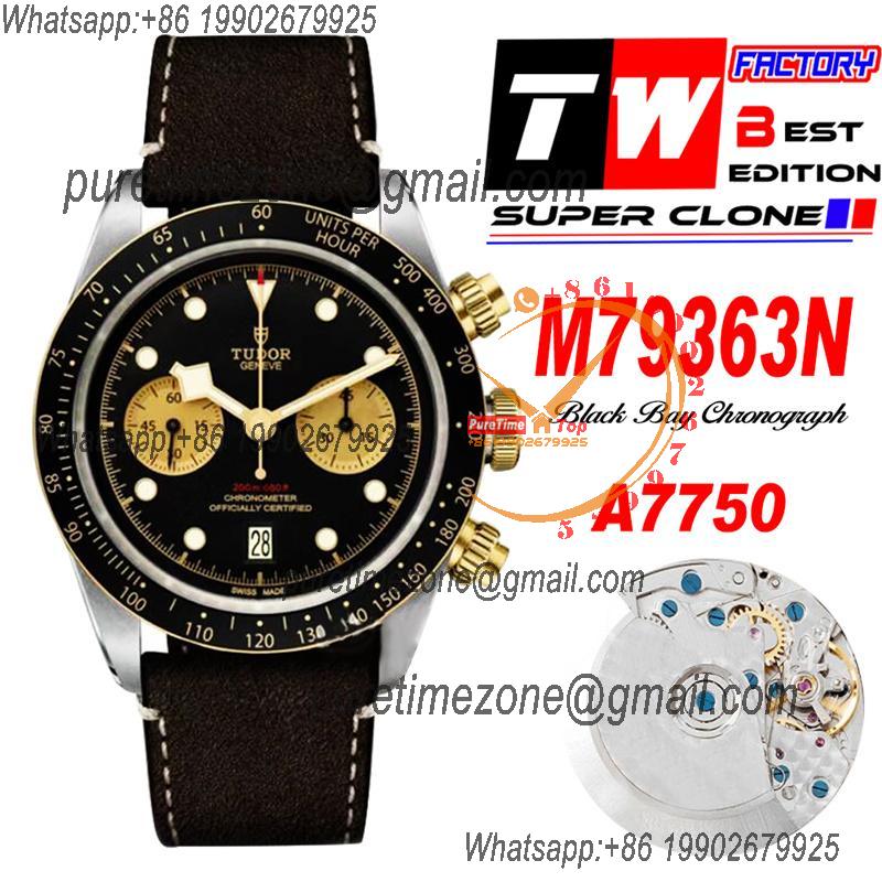 M79363N BLACK BAY CHRONO Automatic Chronograph Mens Watch TWF Two Tone Gold Black Dial Brown Leather Strap Super Clone