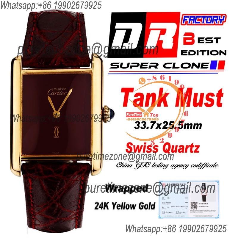 Vintage Tank Must L Wrapped 24K Yellow Gold 25.5mm Swiss Quartz Unisex Watch DRF Best Edition Red Dial Croc Leathe Strap