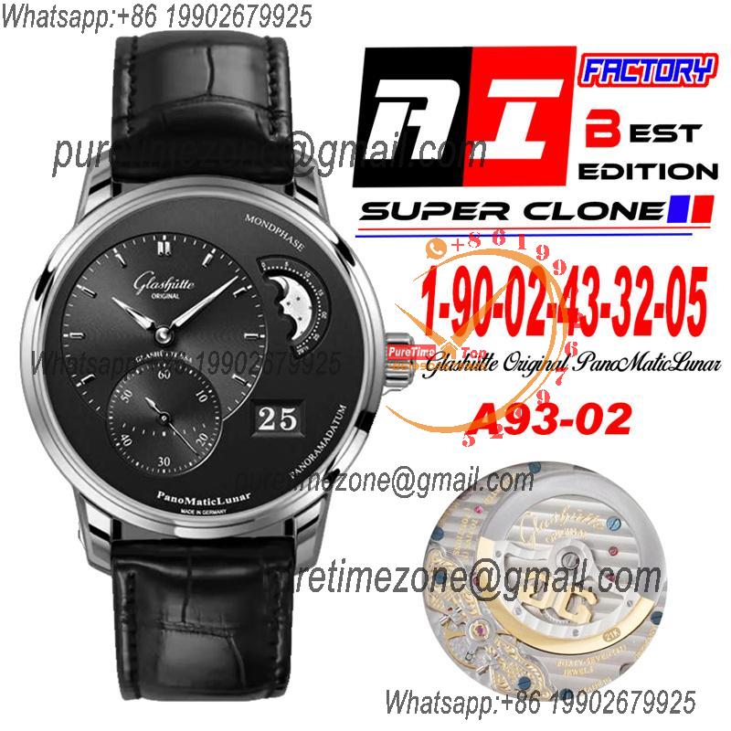 PanoMaticLunar MoonPhase A93-02 Automatic Mens Watch 1-90-02-43-32-05 AIF Steel Black Dial Leather  Best Edition