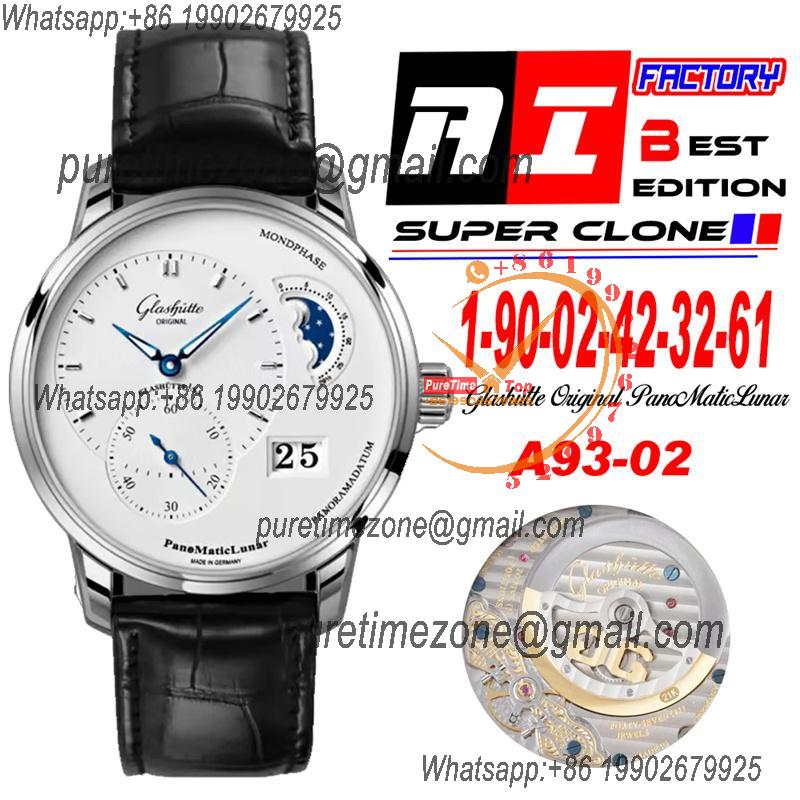 PanoMaticLunar MoonPhase A93-02 Automatic Mens Watch 1-90-02-42-32-61 AIF Steel White Dial Black Leather Best Edition