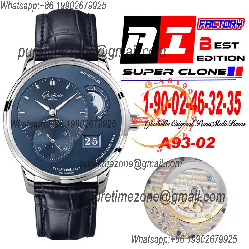 PanoMaticLunar MoonPhase A93-02 Automatic Mens Watch 1-90-02-46-32-35 AIF Steel Blue Dial Leather Best Edition