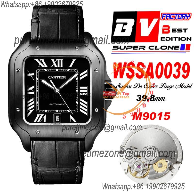 Santos WSSA0039 M9015 Automatic Mens Watch Best Edition BVF Large 39.8mm All Black Steel Dial Leather Strap