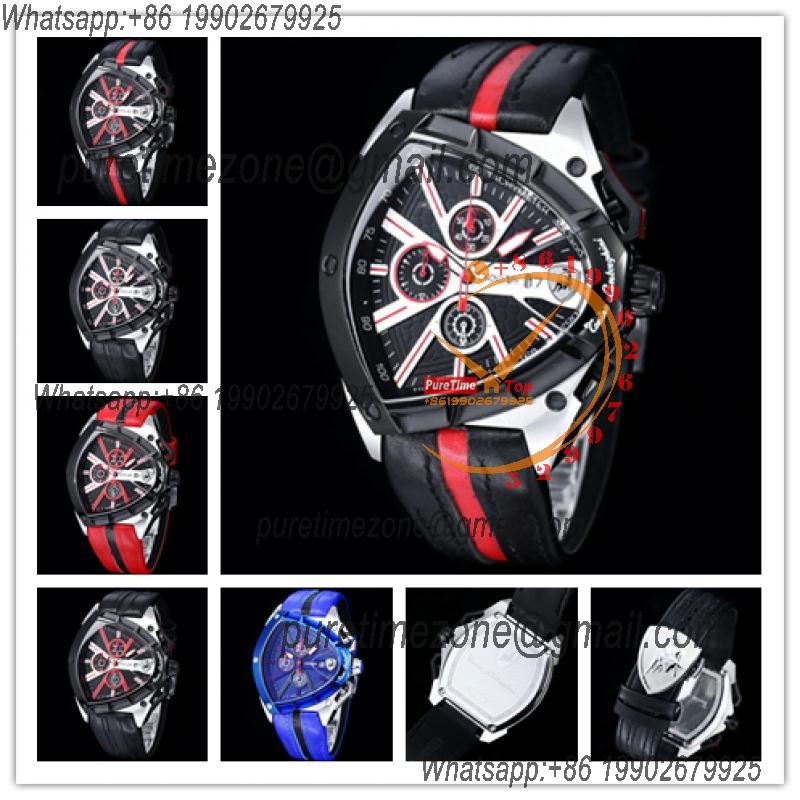 TONINO LAMBORGHINI Spyder 9006 Quartz Chronograph Mens Watch Steel Case Black Bezel Dial Red Leather Stopwatch