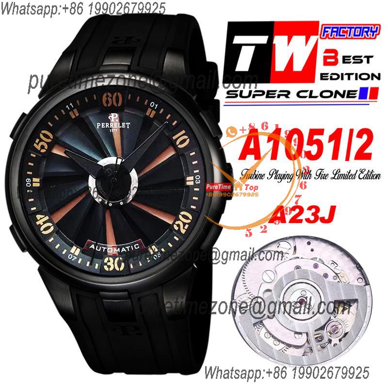 Turbine XL A1051/2 A23J Automatic Mens Watch TWF DLC All Black Orange Rotating Dial Rubber Strap