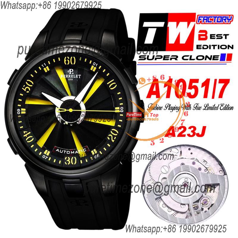 Turbine XL A1051/7 A23J Automatic Mens Watch TWF DLC All Black Yellow Rotating Dial Rubber Strap