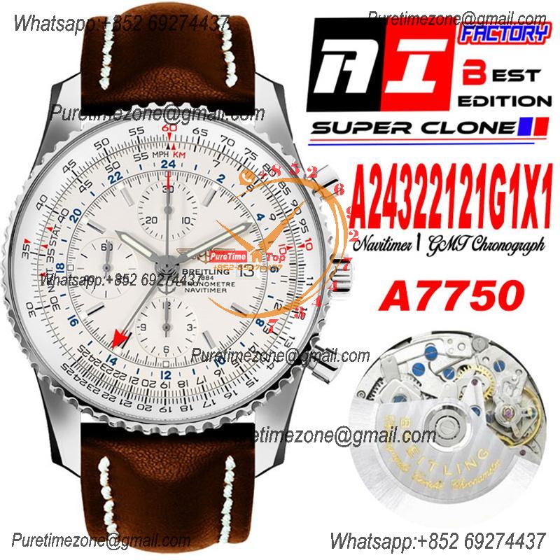 A24322121 Navitimer 1 World GMT A7750 Automatic Chronograph Mens Watch  White Dial Brown Leather Strap Best Edition