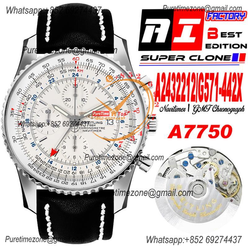 A24322121 Navitimer 1 World GMT A7750 Automatic Chronograph Mens Watch  White Dial Black Leather Strap Best Edition