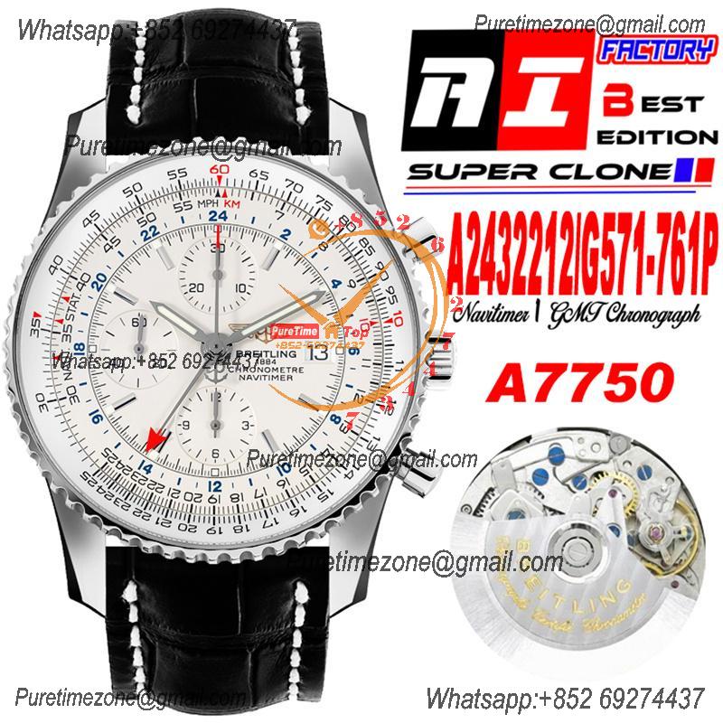 A24322121 Navitimer 1 World GMT A7750 Automatic Chronograph Mens Watch  White Dial Black Leather Strap Best Edition