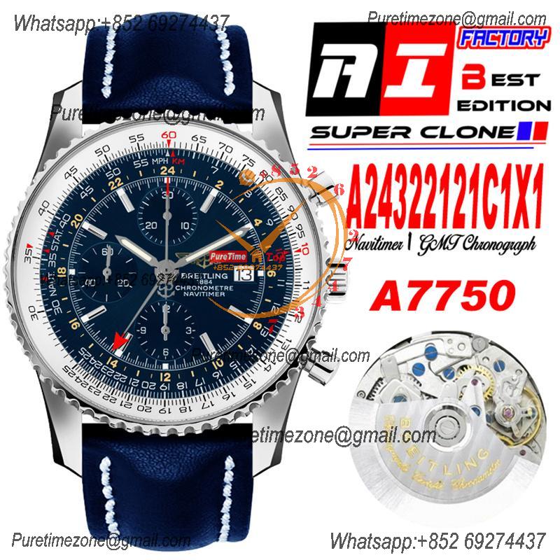 A24322121 Navitimer 1 World GMT A7750 Automatic Chronograph Mens Watch  Blue Dial Blue Leather Strap Best Edition