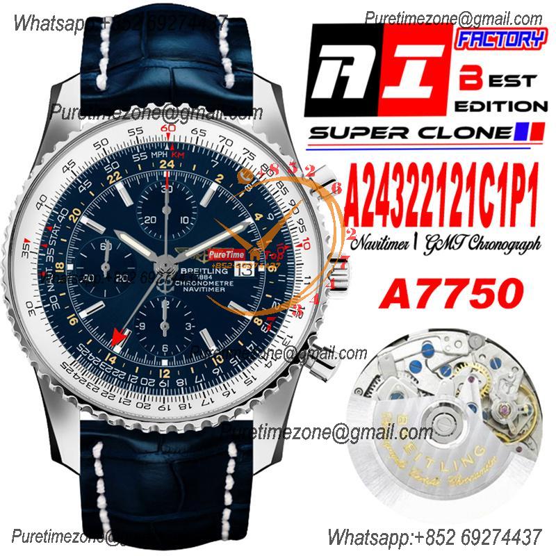 A24322121 Navitimer 1 World GMT A7750 Automatic Chronograph Mens Watch  Blue Dial Blue Leather Strap Best Edition