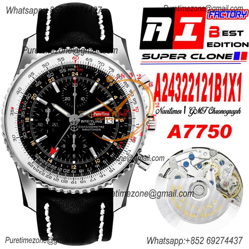 A24322121 Navitimer 1 World GMT A7750 Automatic Chronograph Mens Watch  Black Dial Leather Strap Best Edition