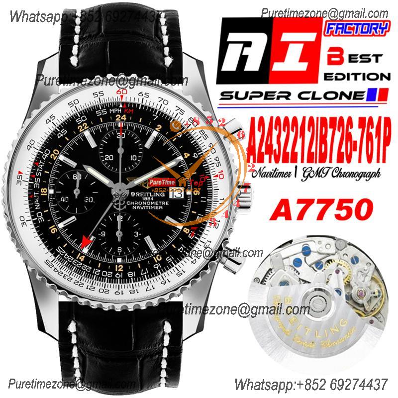 A24322121 Navitimer 1 World GMT A7750 Automatic Chronograph Mens Watch  Black Dial Leather Strap Best Edition