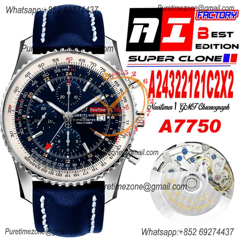 A2432212 Navitimer 1 World GMT A7750 Automatic Chronograph Mens Watch  Blue Dial Leather Strap Best Edition