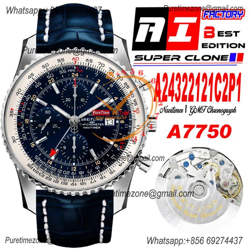 A24322121 Navitimer 1 World GMT A7750 Automatic Chronograph Mens Watch  Blue Dial Leather Strap Best Edition