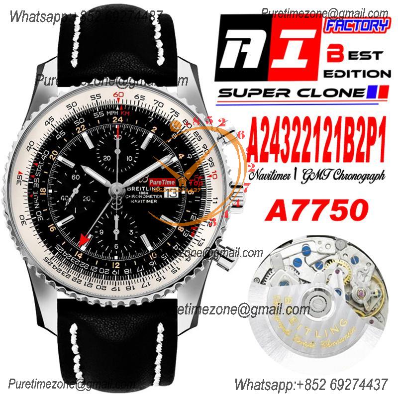 A24322121 Navitimer 1 World GMT A7750 Automatic Chronograph Mens Watch  Black Dial Leather Strap Best Edition