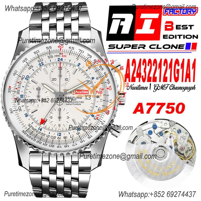 A24322121 Navitimer 1 World GMT A7750 Automatic Chronograph Mens Watch  White Dial SS Bracelet Best Edition