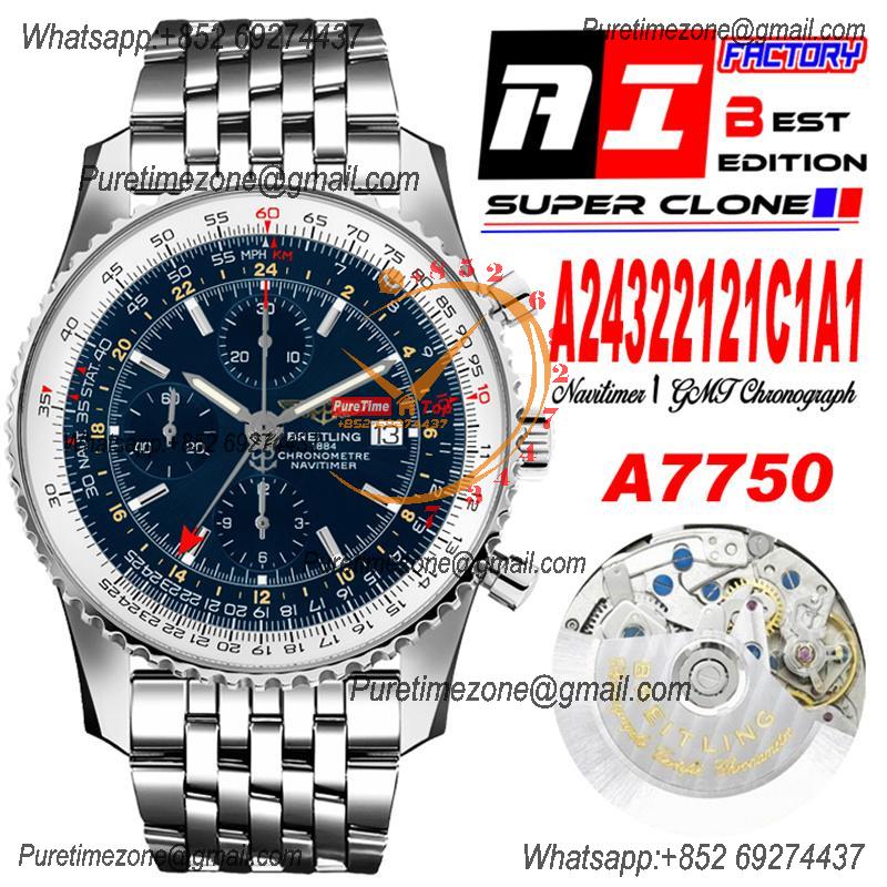 A24322121 Navitimer 1 World GMT A7750 Automatic Chronograph Mens Watch Blue Dial SS Bracelet Best Edition