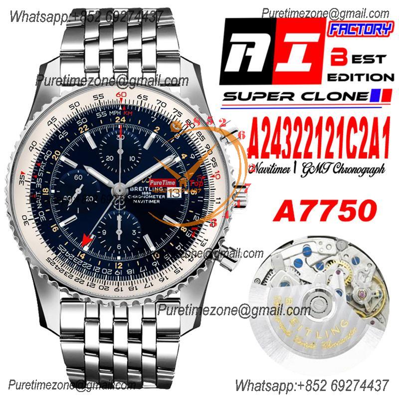 A24322121 Navitimer 1 World GMT A7750 Automatic Chronograph Mens Watch Blue Dial SS Bracelet Best Edition