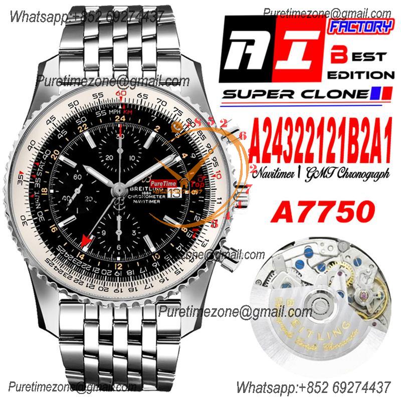 A24322121 Navitimer 1 World GMT A7750 Automatic Chronograph Mens Watch Black Dial SS Bracelet Best Edition