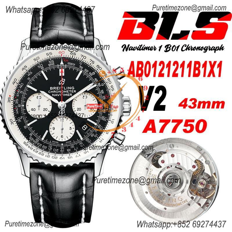 AB0121211B1X1 Navitimer A7750 Automatic Chronograph Mens Watch 43mm Black Dial Leather Strap Best Edition V2