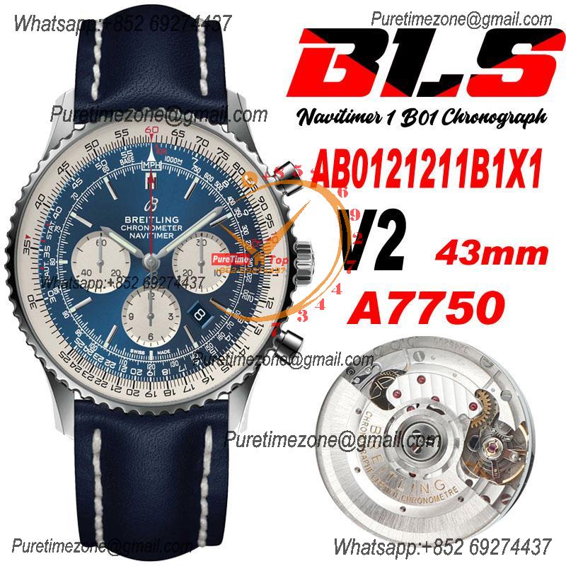 AB0121211B1X1 Navitimer A7750 Automatic Chronograph Mens Watch 43mm Blue Dial Leather Strap Best Edition V2